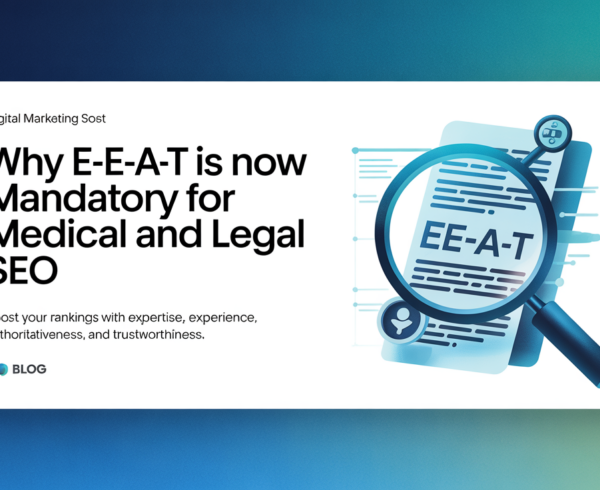 Blog banner with 'Why E-E-A-T Is Now Mandatory for Medical and Legal SEO' in bold text