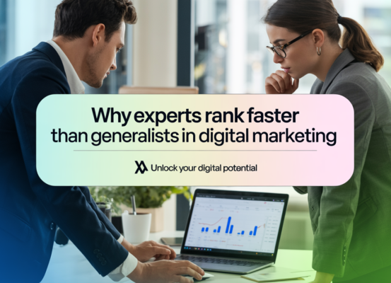 Blog banner with 'Why Experts Rank Faster Than Generalists in Digital Marketing' title