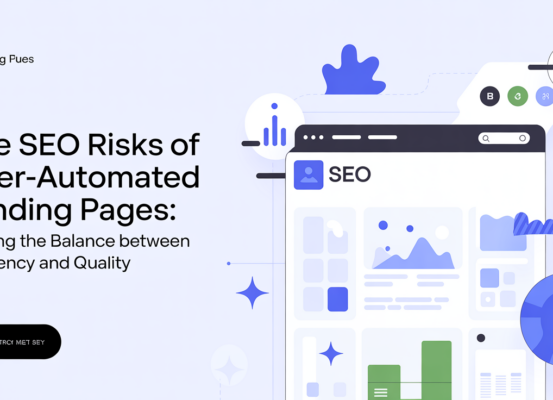 Digital banner with title 'The SEO Risks of Over-Automated Landing Pages' in bold.
