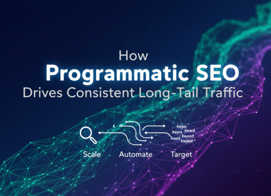 Banner reading 'How Programmatic SEO Drives Consistent Long-Tail Traffic' with digital theme.