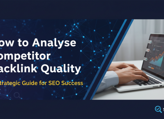 Banner titled 'How to Analyse Competitor Backlink Quality: A Strategic Guide for SEO Success' with a digital marketing theme.