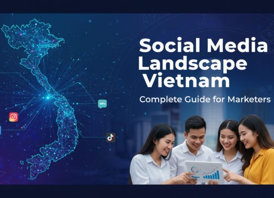 Banner titled 'Social Media Landscape Vietnam: Complete Guide for Marketers' with vibrant social media icons.