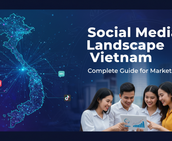 Banner titled 'Social Media Landscape Vietnam: Complete Guide for Marketers' with vibrant social media icons.