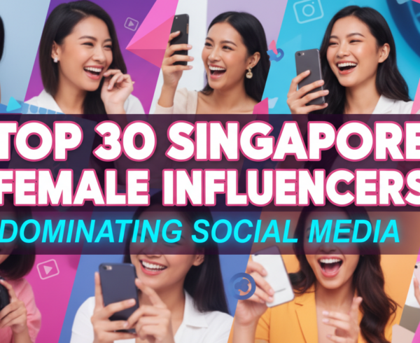 Banner titled 'Top 30 Singapore Female Influencers Dominating Social Media' with vibrant colors.