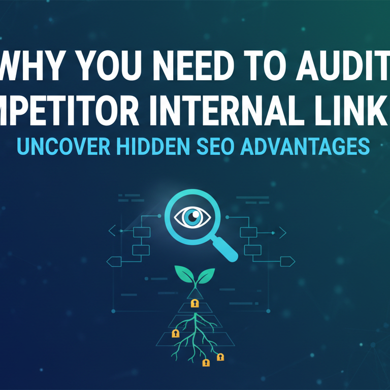 Banner titled 'Why You Need to Audit Competitor Internal Linking' with SEO-themed graphics