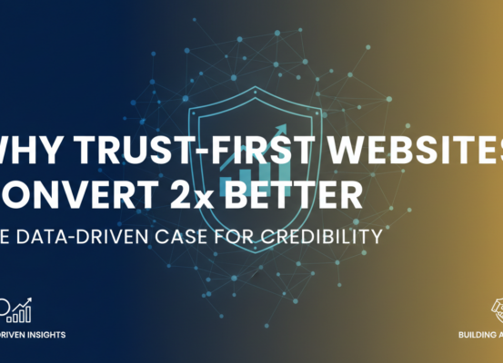 Banner with bold title 'Why Trust-First Websites Convert 2× Better' on a sleek, modern design.
