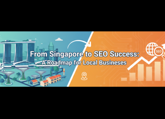 Banner with 'From Singapore to SEO Success' title over a cityscape backdrop.