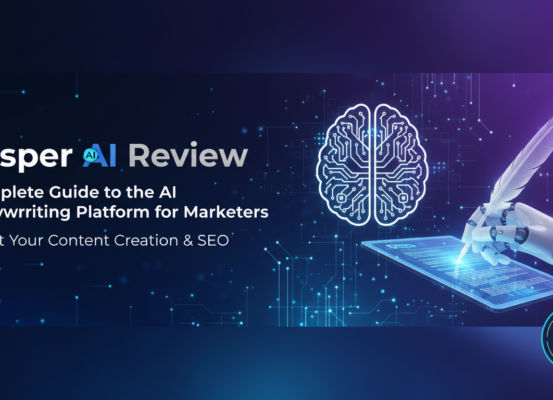 Banner with 'Jasper AI Review: Complete Guide to AI Copywriting Platform for Marketers' title