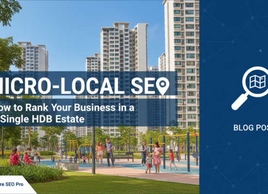 Banner with 'Micro-Local SEO: How to Rank Your Business in a Single HDB Estate' title over a cityscape background.