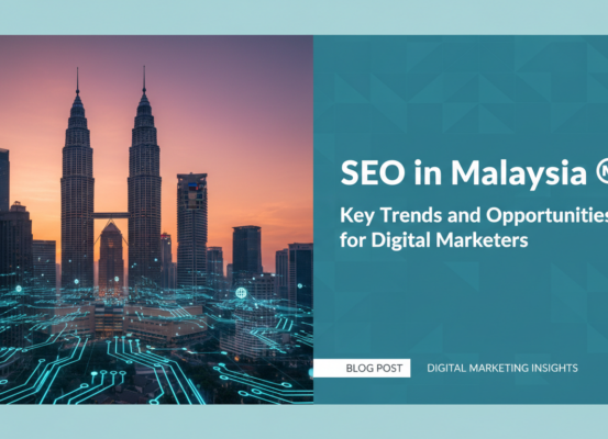 Banner with 'SEO in Malaysia' title, vibrant digital marketing theme