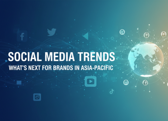 Banner with 'Social Media Trends: What's Next for Brands in Asia-Pacific' title, vibrant digital background