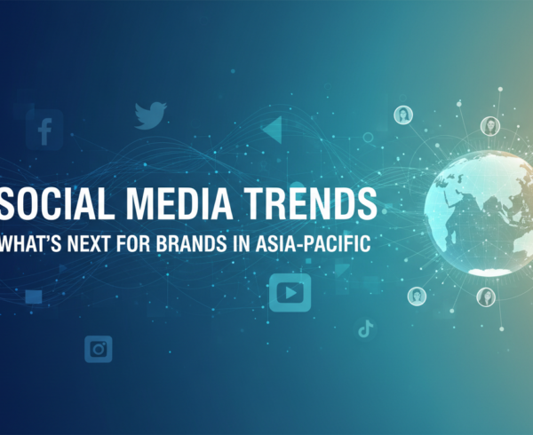 Banner with 'Social Media Trends: What's Next for Brands in Asia-Pacific' title, vibrant digital background