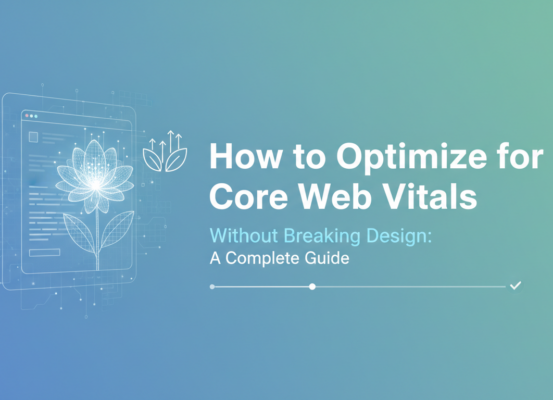 Banner with text 'How to Optimize for Core Web Vitals Without Breaking Design: A Complete Guide' over a modern web design backdrop.