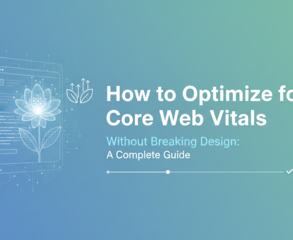 Banner with text 'How to Optimize for Core Web Vitals Without Breaking Design: A Complete Guide' over a modern web design backdrop.
