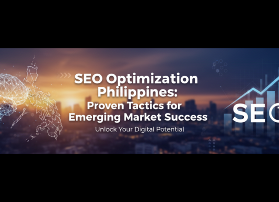 Banner with text 'SEO Optimization Philippines: Proven Tactics for Emerging Market Success' on a vibrant background