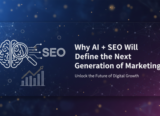 Banner with text 'Why AI + SEO Will Define the Next Generation of Marketing' in a modern style.