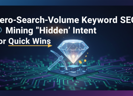 Banner with text 'Zero-Search-Volume Keyword SEO: Mining Hidden Intent for Quick Wins' on a digital background