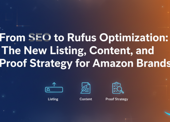 Banner with title 'From SEO to Rufus Optimization' on a modern, dynamic background.