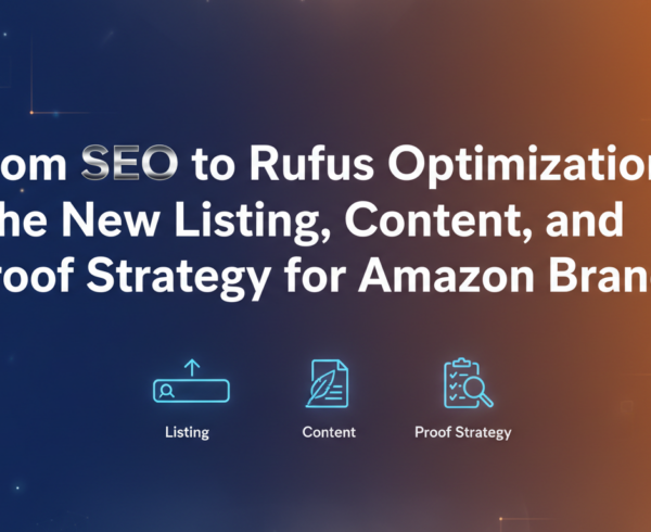 Banner with title 'From SEO to Rufus Optimization' on a modern, dynamic background.