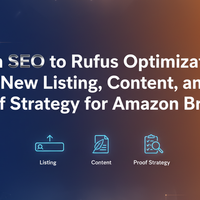 Banner with title 'From SEO to Rufus Optimization' on a modern, dynamic background.