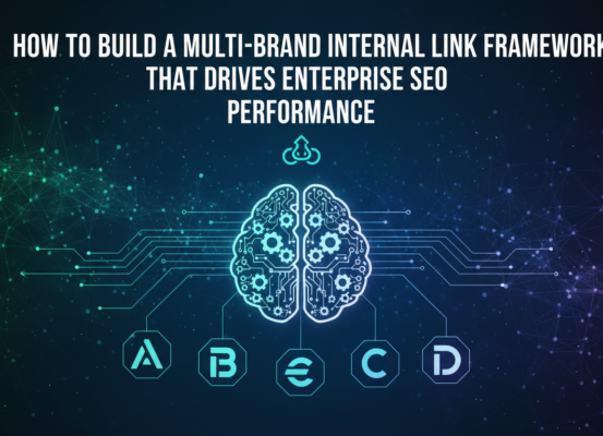Banner with title 'How to Build a Multi-Brand Internal Link Framework' in bold, professional design