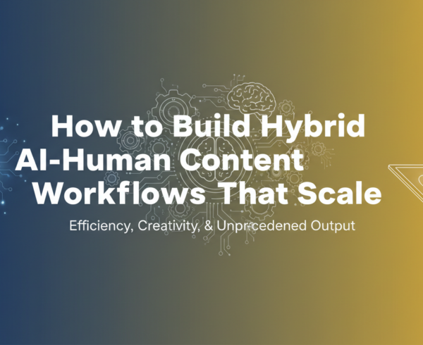 Banner with title 'How to Build Hybrid AI-Human Content Workflows That Scale' in bold font.