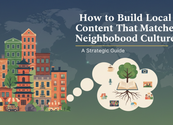 Banner with title 'How to Build Local Content That Matches Neighbourhood Culture: A Strategic Guide' on a colorful urban background.