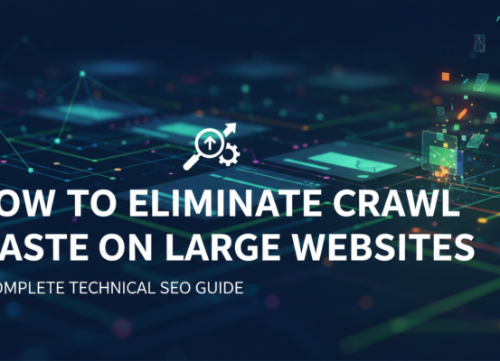 Banner with title 'How to Eliminate Crawl Waste on Large Websites: A Complete Technical SEO Guide' on a tech-themed background.