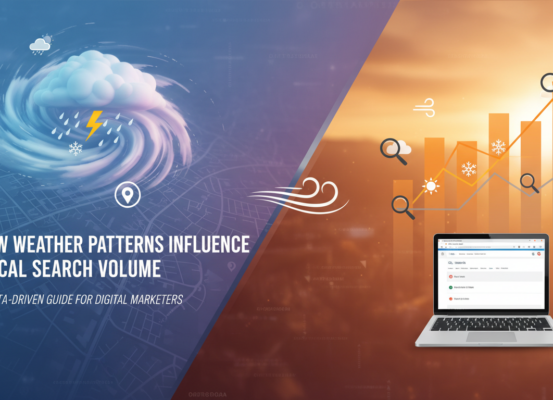 Banner with title 'How Weather Patterns Influence Local Search Volume' on a cloudy sky background.