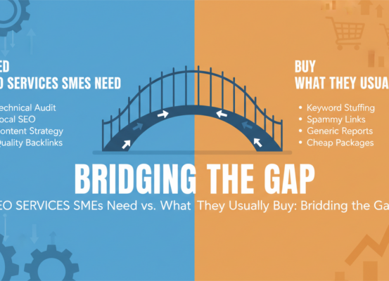 Banner with title 'SEO Services SMEs Need vs. What They Usually Buy: Bridging the Gap' on a sleek, modern background.