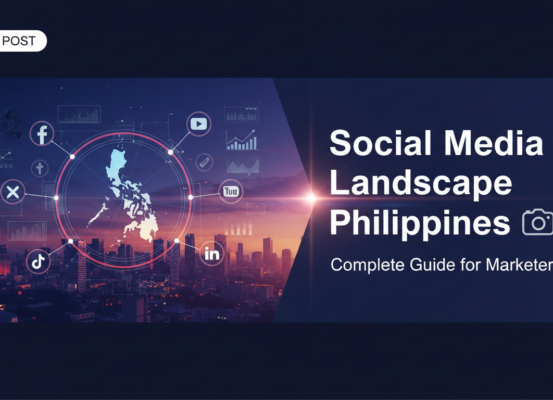 Banner with title 'Social Media Landscape Philippines: Complete Guide for Marketers', modern design.