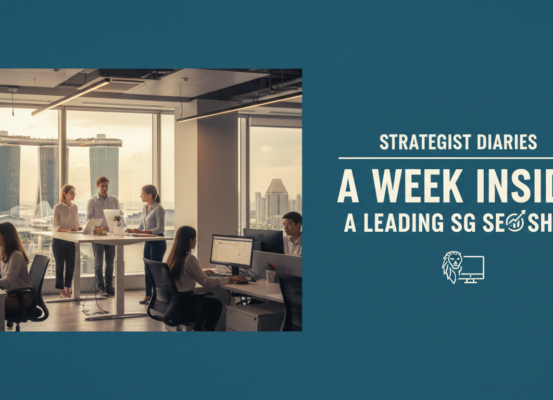 Banner with title 'Strategist Diaries: A Week Inside a Leading SG SEO Shop' on a sleek, modern background.