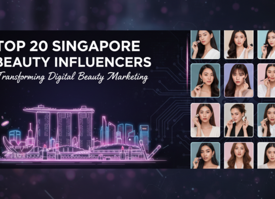Banner with title 'Top 20 Singapore Beauty Influencers Transforming Digital Beauty Marketing' in elegant font on a vibrant background.