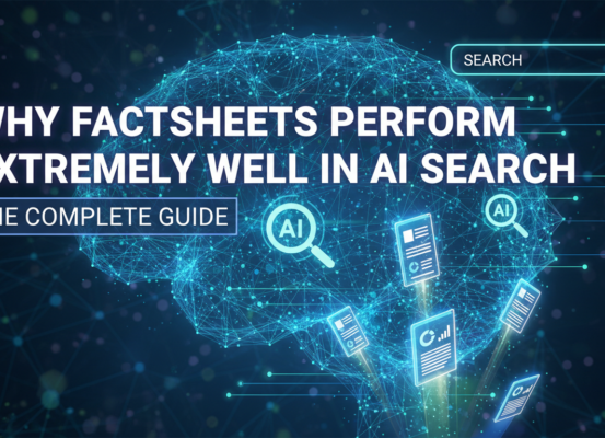 Banner with title 'Why Factsheets Perform Extremely Well in AI Search: The Complete Guide'