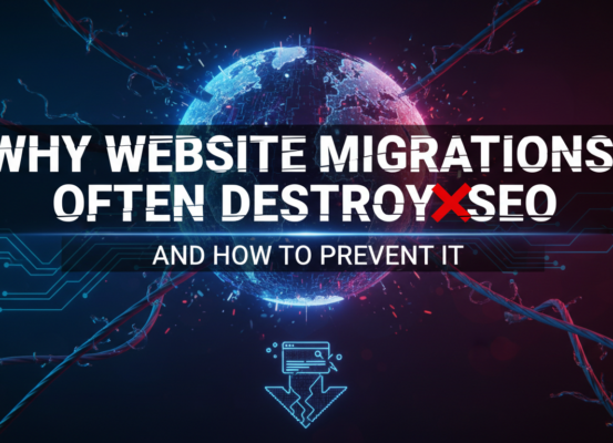 Banner with title 'Why Website Migrations Often Destroy SEO and How to Prevent It'