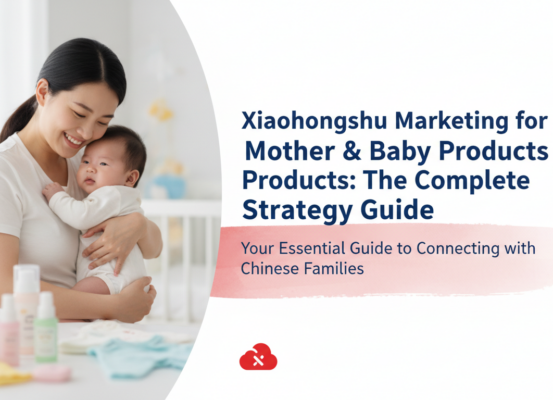 Banner with title 'Xiaohongshu Marketing for Mother & Baby Products: The Complete Strategy Guide' in bold text over a soft pastel background with playful baby icons.