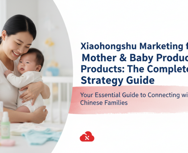 Banner with title 'Xiaohongshu Marketing for Mother & Baby Products: The Complete Strategy Guide' in bold text over a soft pastel background with playful baby icons.