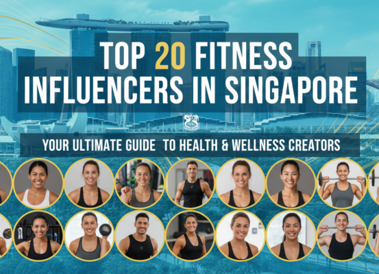 Banner with 'Top 20 Fitness Influencers in Singapore' title, vibrant fitness theme