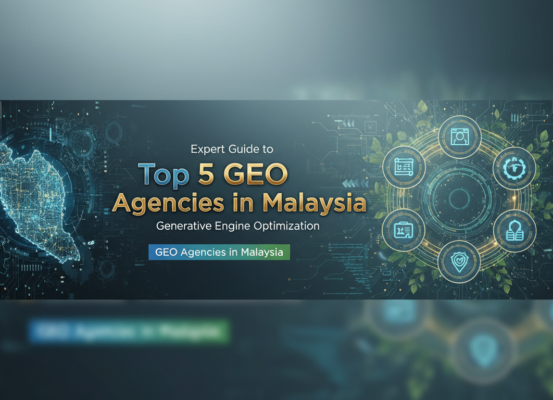 Banner with 'Top 5 GEO Agencies in Malaysia: Expert Guide' title, vibrant design.