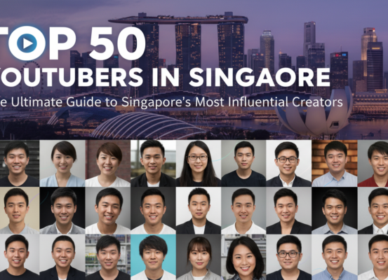 Banner with 'Top 50 YouTubers in Singapore' title, vibrant and engaging design