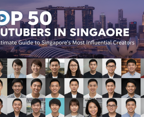 Banner with 'Top 50 YouTubers in Singapore' title, vibrant and engaging design