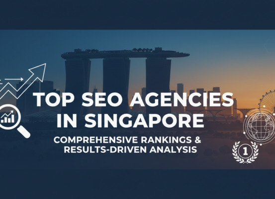 Banner with 'Top SEO Agencies in Singapore' title, featuring a city skyline.