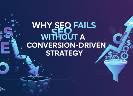 Banner with 'Why SEO Fails Without a Conversion-Driven Strategy' in bold text over a digital marketing graphic.