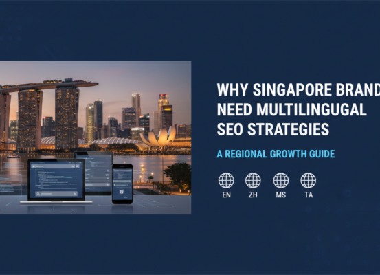 Banner with 'Why Singapore Brands Need Multilingual SEO Strategies' title, regional growth theme