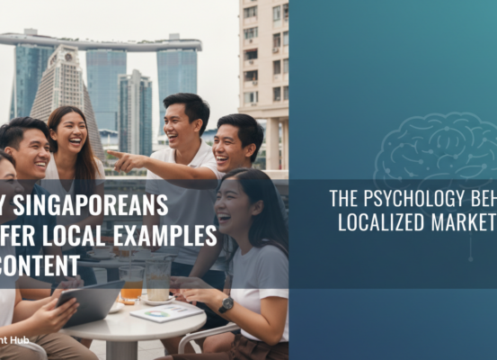 Banner with 'Why Singaporeans Prefer Local Examples in Content' title, vibrant cityscape background.