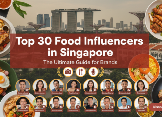 Blog banner featuring 'Top 30 Food Influencers in Singapore' title with vibrant food illustrations.