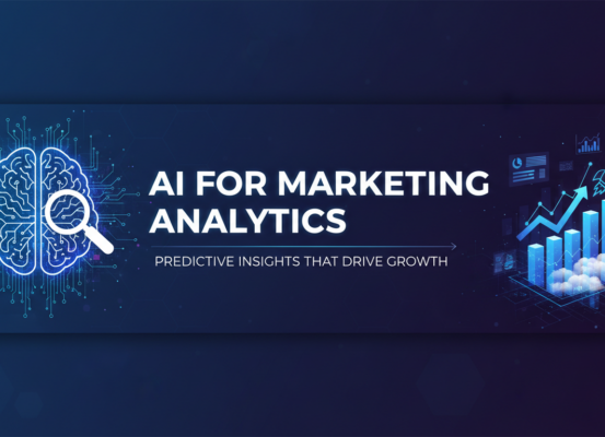 Blog banner titled 'AI for Marketing Analytics: Predictive Insights That Drive Growth' with futuristic design elements.