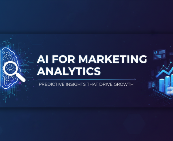 Blog banner titled 'AI for Marketing Analytics: Predictive Insights That Drive Growth' with futuristic design elements.