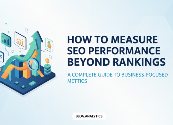Blog banner titled 'How to Measure SEO Performance Beyond Rankings: A Complete Guide to Business-Focused Metrics' with a modern, professional design