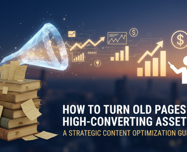 Blog banner titled 'How to Turn Old Pages Into High-Converting Assets' with a strategic theme.